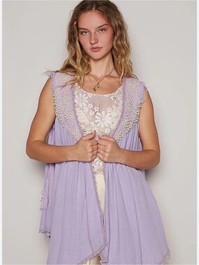 POL Lavender Beaded Sleeveless Vest